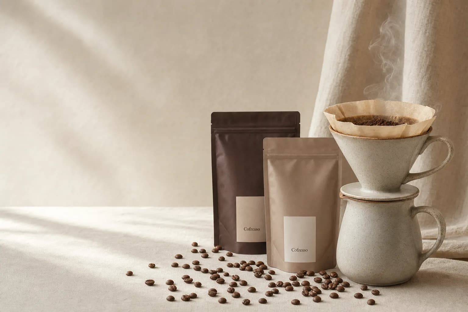 Freshly roasted Cofresso coffee bags and a pour-over setup on a cream linen backdrop