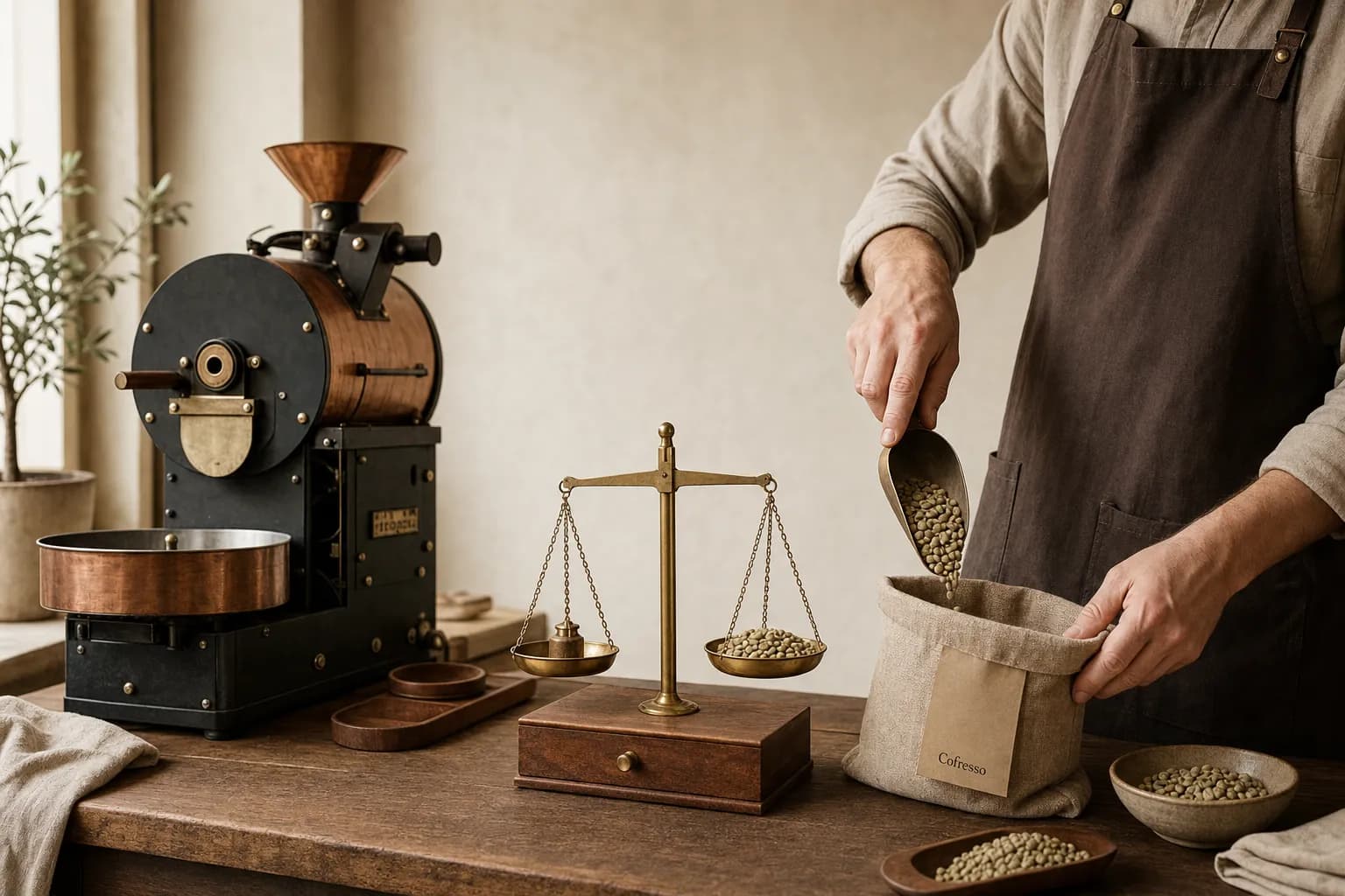 A Cofresso roaster weighing green coffee beside a sample roaster