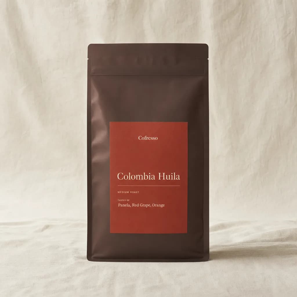 A bag of Cofresso Colombia Huila coffee from Colombia on a cream linen backdrop