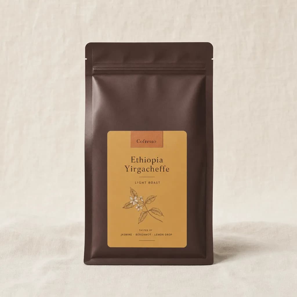 A bag of Cofresso Ethiopia Yirgacheffe coffee from Ethiopia on a cream linen backdrop