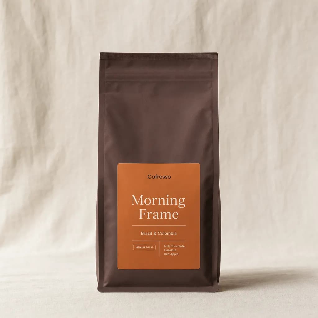 A bag of Cofresso Morning Frame coffee from Brazil & Colombia on a cream linen backdrop